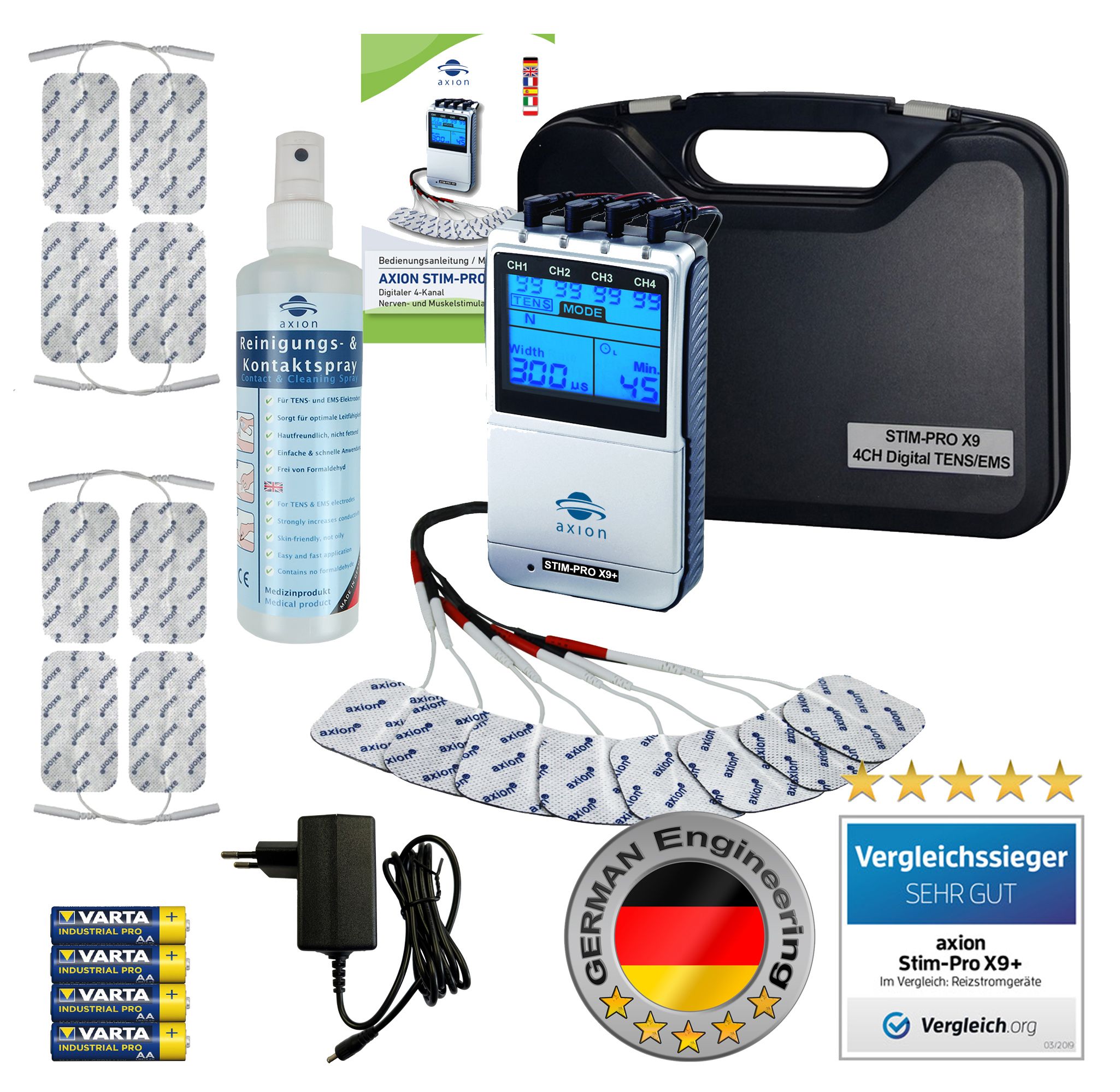 axion Dispositivo Combinato TENS EMS 4 Canali STIM-PRO X9+ con spray di contatto e pulizia