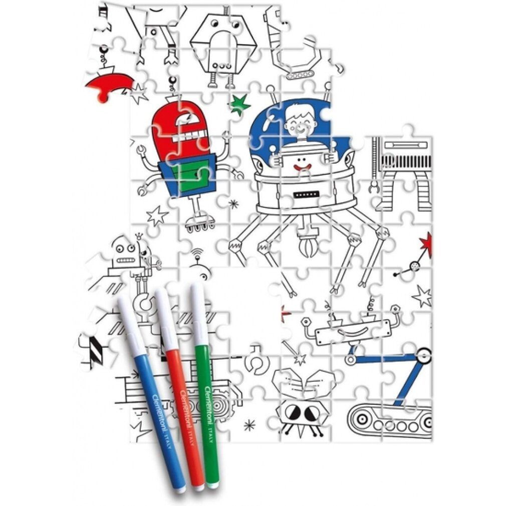 Immagine da colorare con robot e pezzi di puzzle. Tre pennarelli sono posizionati accanto ai pezzi del puzzle. Logo Clementoni visibile.