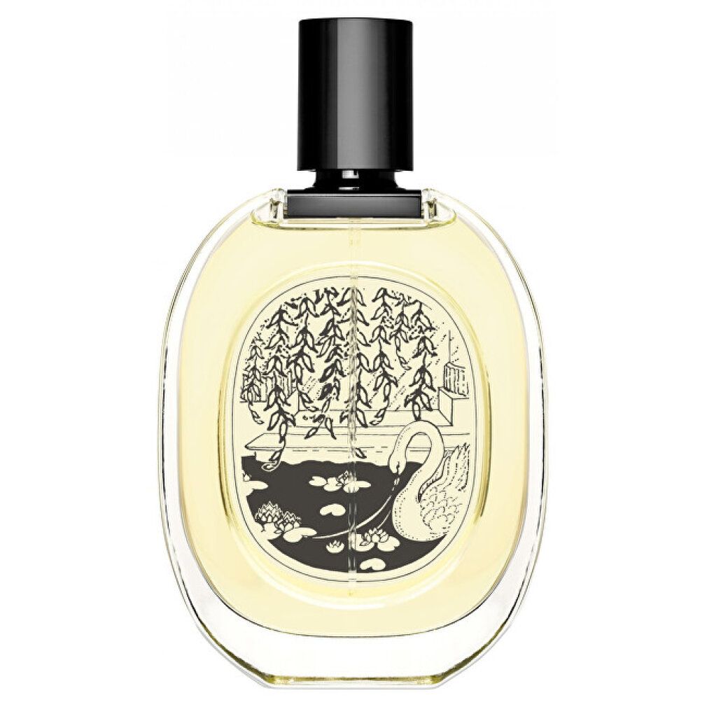 Flacone di profumo con tappo nero. Contenitore ovale trasparente con liquido giallastro. Etichetta nera con disegno.