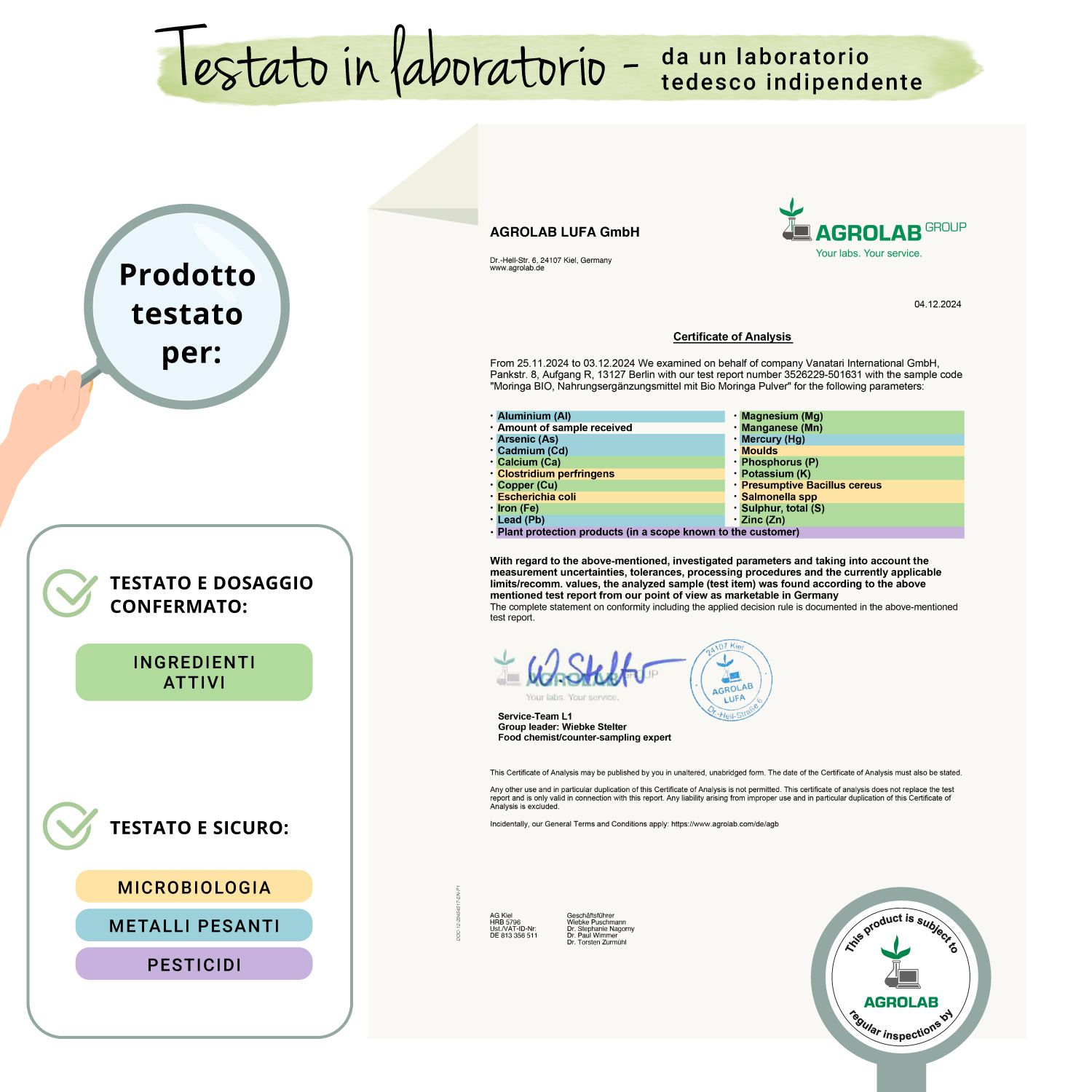 Certificato di Agrolab. Conferma ingredienti, microbiologia, metalli pesanti e pesticidi.