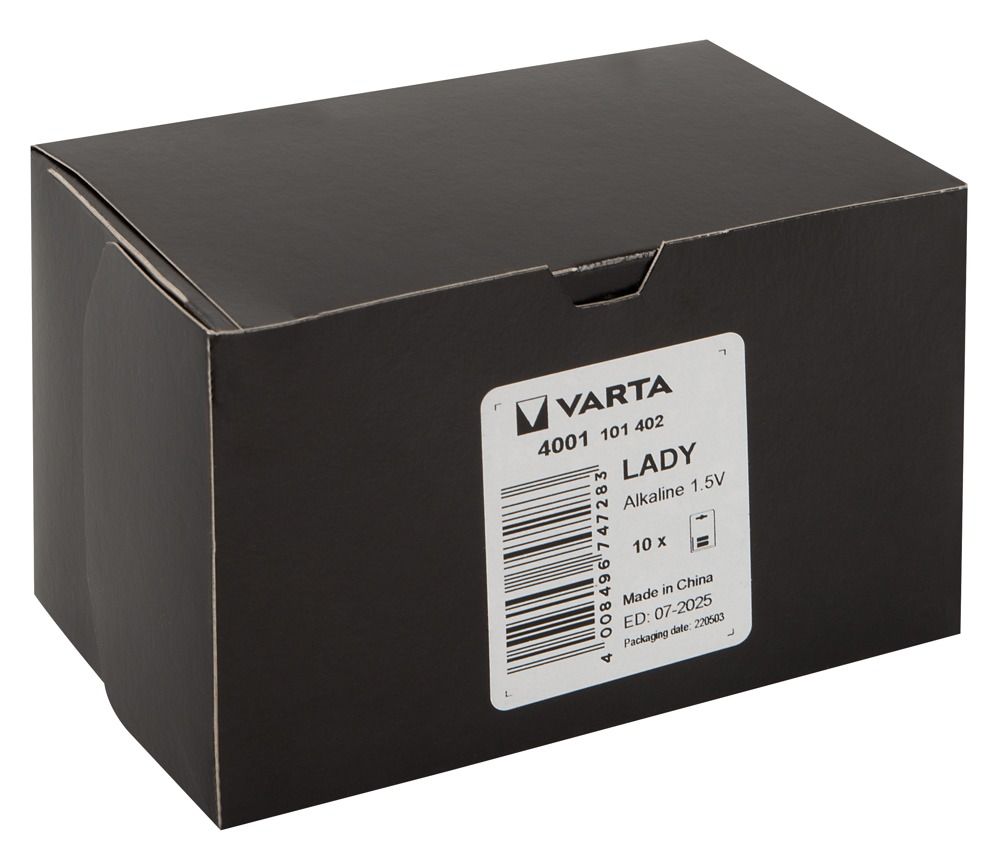 Scatola nera di batterie Varta con etichetta indicante 'Lady Alkaline 1.5V'.