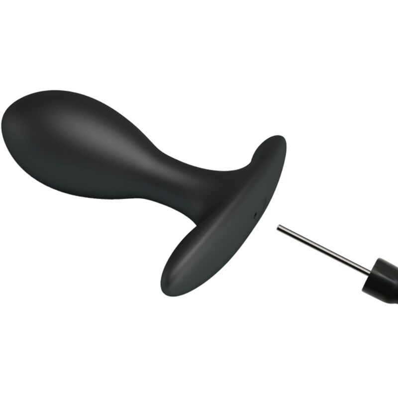 Plug anale gonfiabile nero con pompa e tubo, isolato su sfondo bianco.