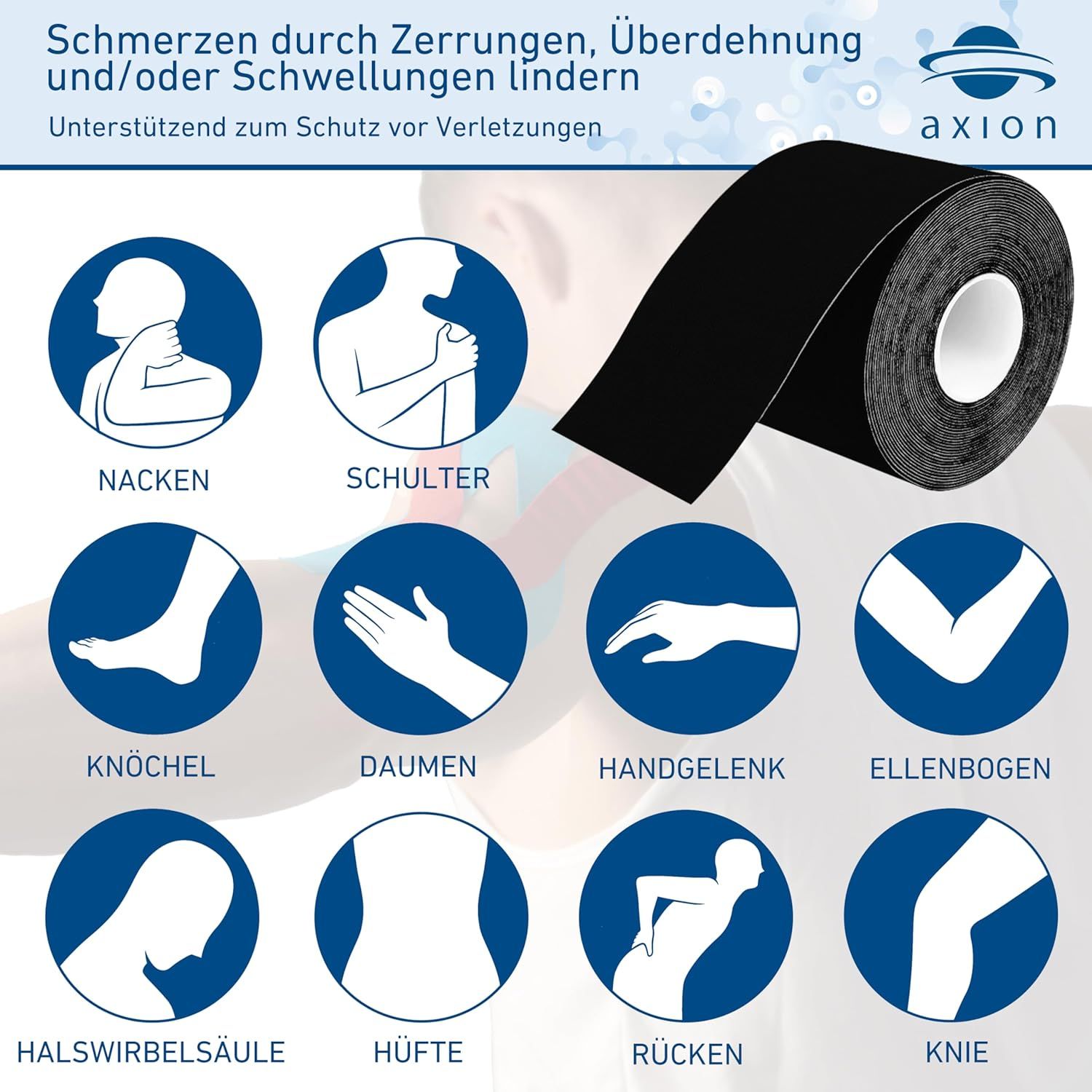 Infografica con cerchi che mostrano parti del corpo e applicazioni di kinesio tape. Testo: Alleviare il dolore.