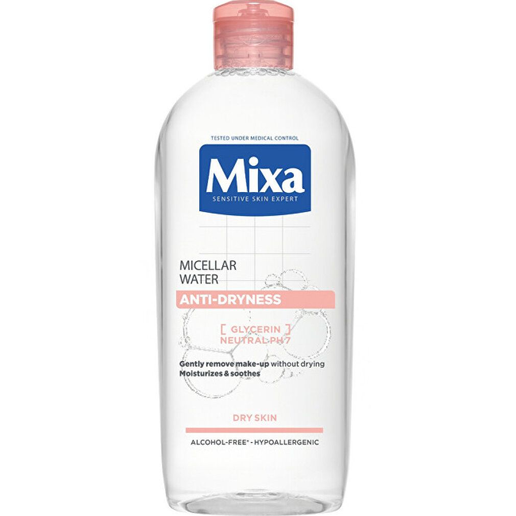 Flacone trasparente con etichetta blu e rosa. Logo "Mixa", "Micellar Water Anti-dryness" e testo per pelle secca.