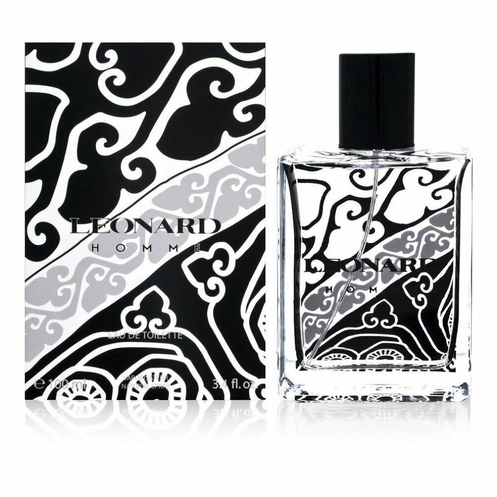 Flacone e confezione di Leonard Homme Eau de Toilette. Motivo nero e grigio. Tappo nero. Scritta: Eau de Toilette.