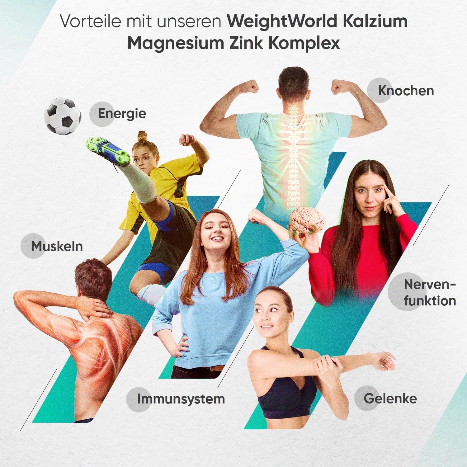 Grafica con persone che toccano diverse parti del corpo, con testi come muscoli, ossa, energia. WeightWorld Calcio Magnesio Zinco.