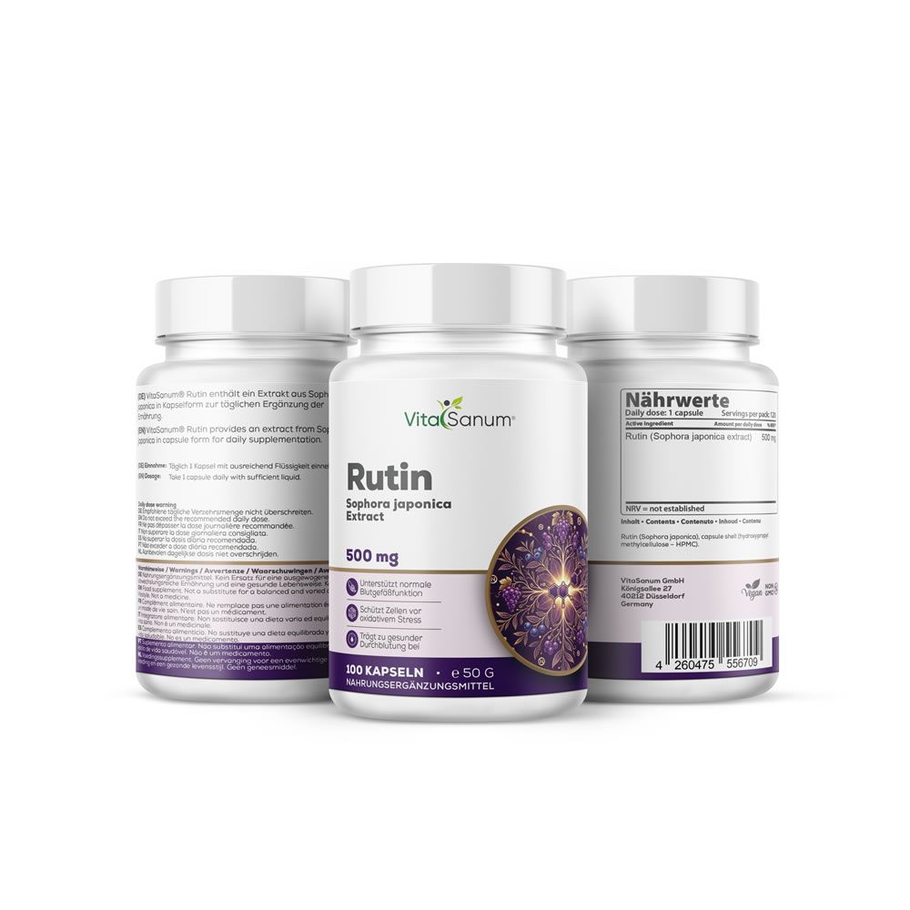 Tre flaconi bianchi VitaSanum Rutin. Scritta: Rutin, Sophora japonica Extract, 500 mg. Design viola-oro.