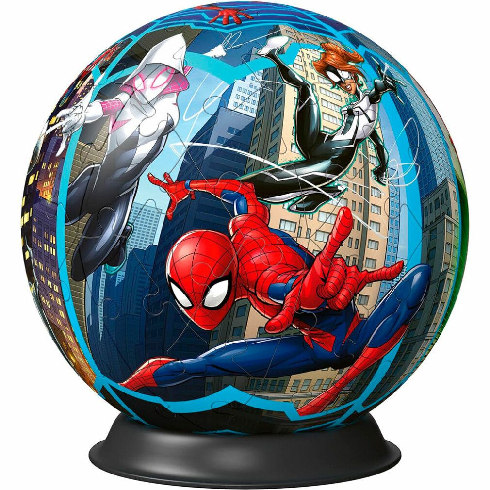 Puzzle 3D-Ball Spiderman. Puzzle sferico con Spiderman. Base nera. Personaggi di Spiderman in azione. Tonalità blu e grigie.