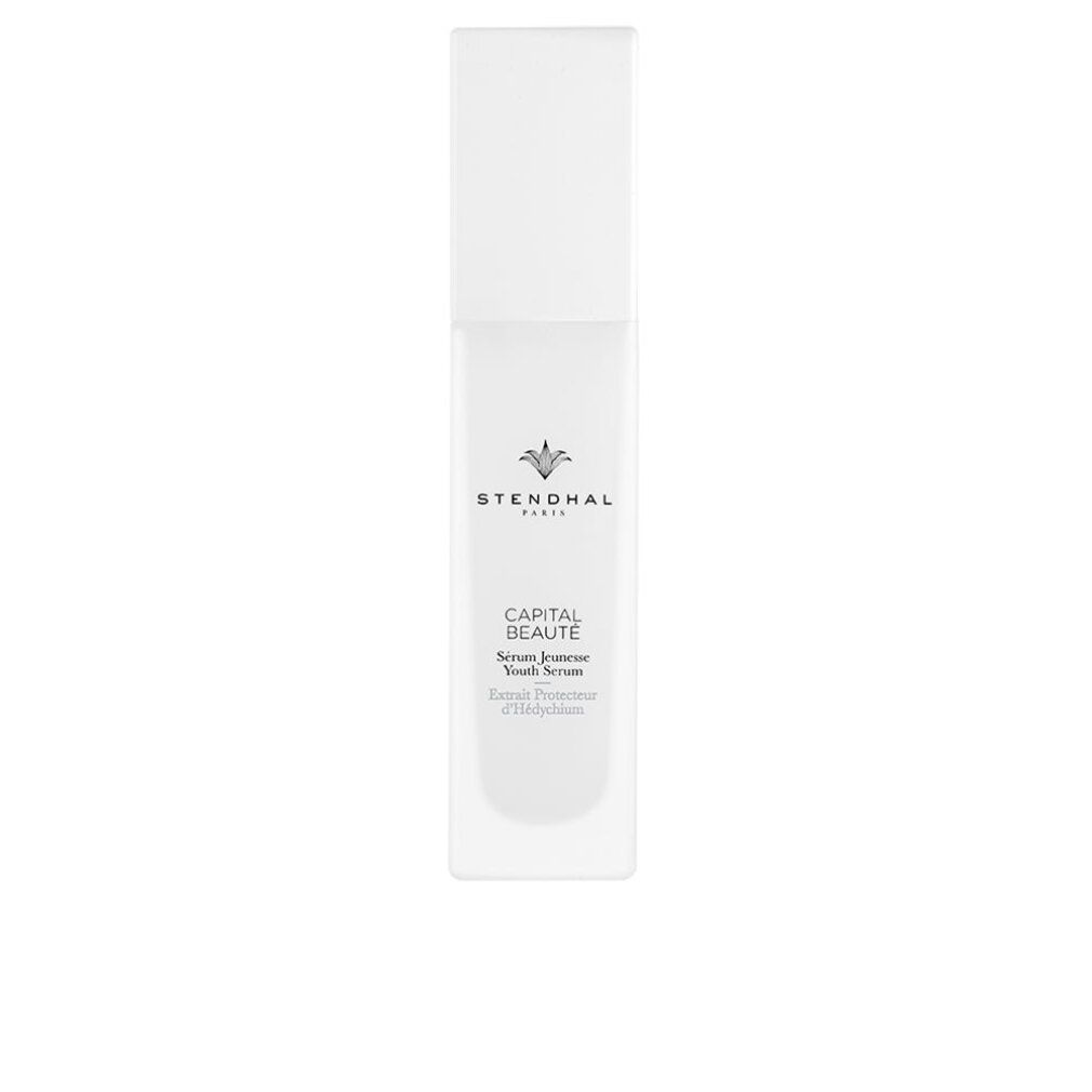 Flacone di siero bianco con Stendhal Paris, Capital Beaute, Serum Jeunesse. Forma rettangolare, tappo bianco.
