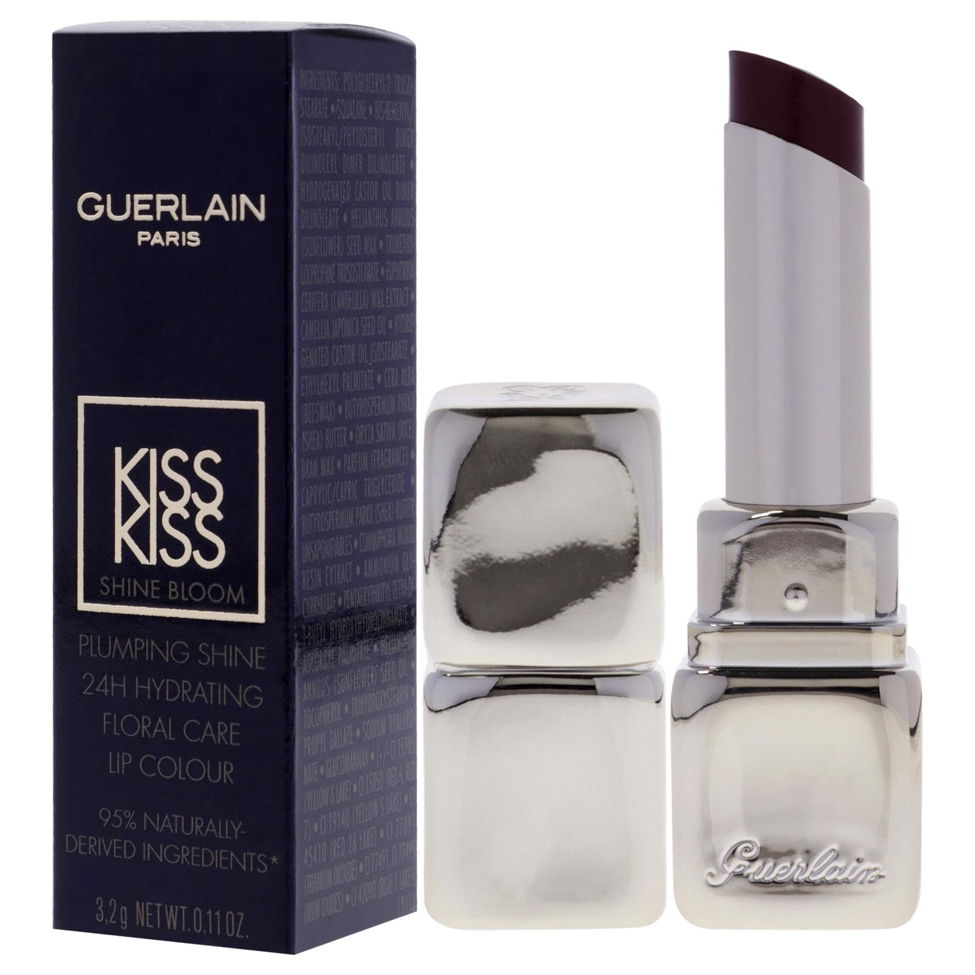 Rossetto rosso scuro in astuccio argentato, coperchio argentato e confezione nera accanto. Marchio: Guerlain.