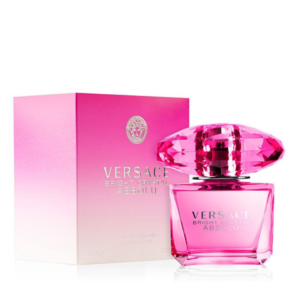 Flacone rosa con tappo rosa e confezione. Scritta: Versace Bright Crystal Absolu Eau de Parfum.