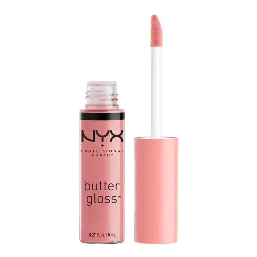 Lucidalabbra NYX Butter Gloss rosa. Flacone aperto, applicatore visibile. Scritta: Butter Gloss, 8 ml.