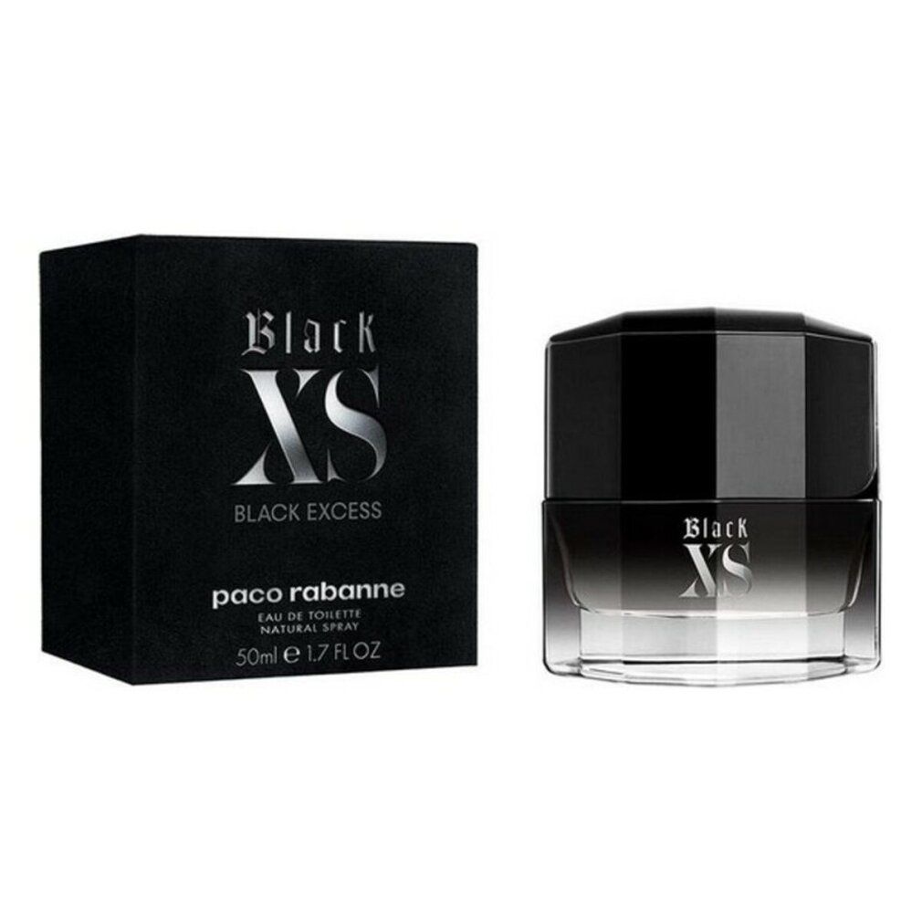 Flacone e scatola neri. Scritta Black XS, Black Excess, Paco Rabanne. 50ml E 1.7 FL OZ.