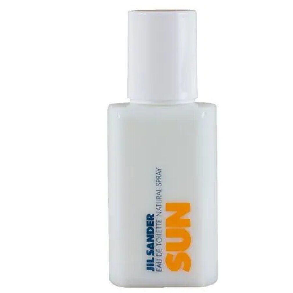 Flacone bianco con scritta SUN, JIL SANDER, Eau de Toilette.