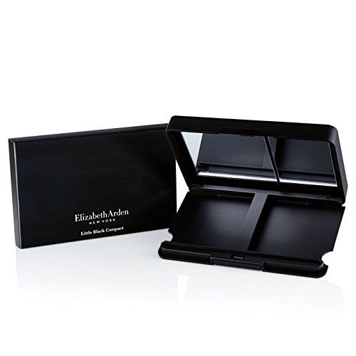 Custodia compatta nera aperta, con specchi e scomparti. Marchio Elizabeth Arden. Forma rettangolare. Confezione nera accanto.