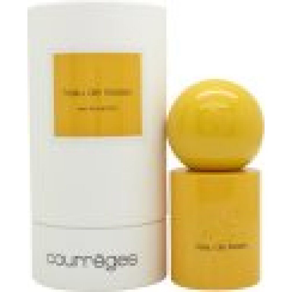 Flacone di profumo giallo e confezione cilindrica. Scritta: Courréges l'Eau De Liesse Eau de Perfume Spray.