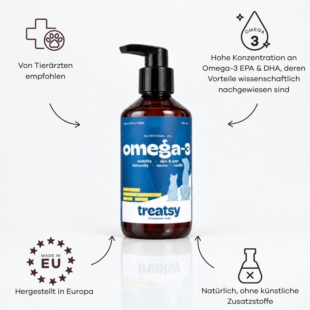 Olio Omega-3 in flacone marrone con erogatore a pompa. Raccomandato dai veterinari, prodotto in Europa.