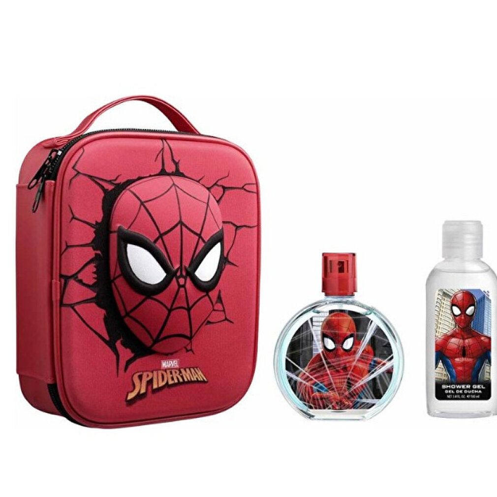 Astuccio rosso con volto di Spiderman, flacone e gel. Flacone con stampa Spiderman. Gel con stampa Spiderman.