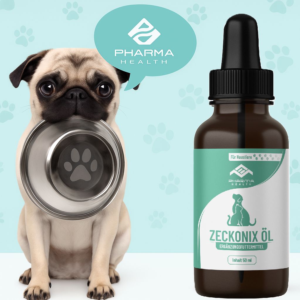 Flacone di vetro marrone con contagocce, accanto a un cane con una ciotola. Testo: Pharma Health, Zeckonix Öl. Contenuto 50 ml.