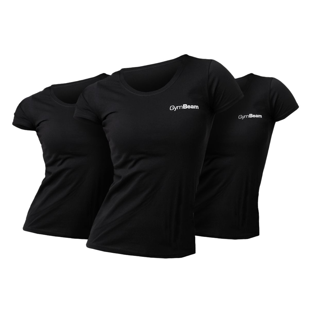Tre t-shirt neri GymBeam da donna, girocollo, maniche corte, logo sul petto.