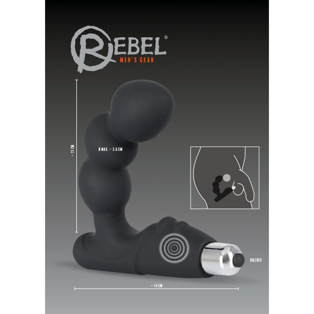 Vibratore nero a tre sfere, confezione con immagine del prodotto, testo: Rebel Men's Gear, dimensioni.