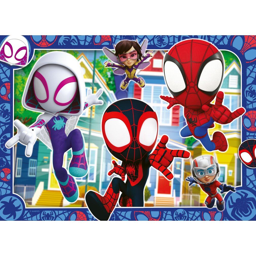 Puzzle con personaggi Spidey. Gwen Stacy, Miles Morales, Spiderman e altri. Facciate di case sullo sfondo. Cornice a ragnatela.