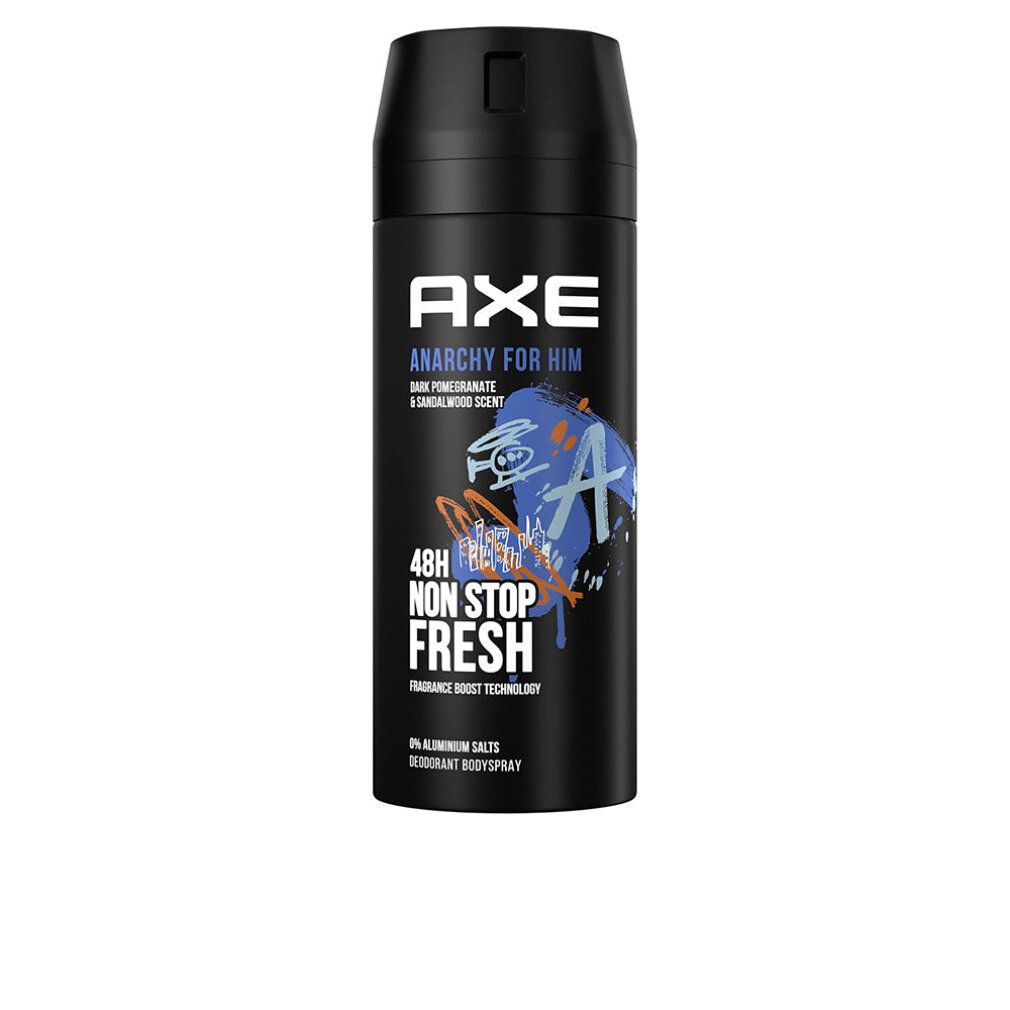 Bomboletta spray deodorante nera con design graffiti. Logo e scritta "AXE Anarchy for Him". Scritta "48h NON STOP FRESH".