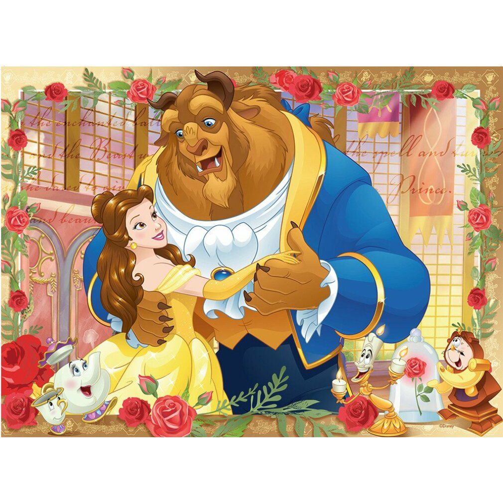 Puzzle con Belle e la Bestia. Belle balla con la Bestia. Sono raffigurate anche rose e altri personaggi.
