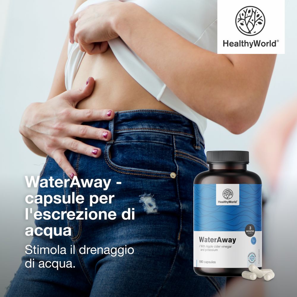 Donna tocca l'addome. Flacone WaterAway, 180 capsule. Logo: HealthyWorld. Testo: WaterAway - capsule per l'escrizione.