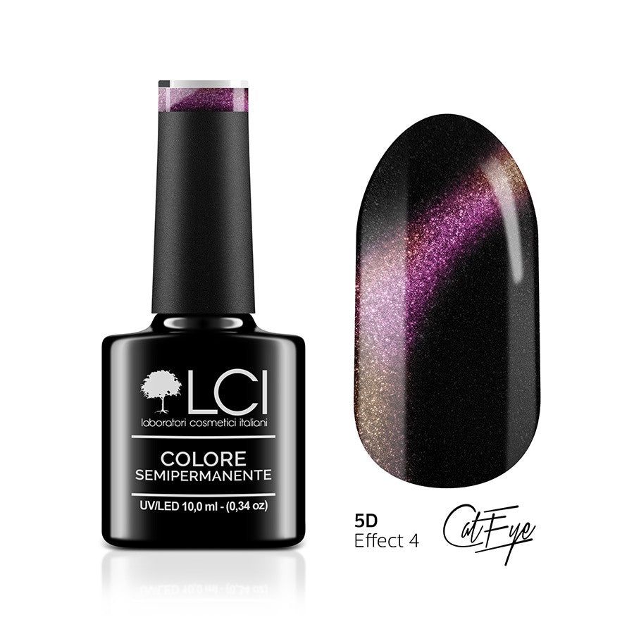 Flacone di smalto con tappo nero e motivo smalto. Scritta: LCI, COLORE SEMIPERMANENTE, UVLED.