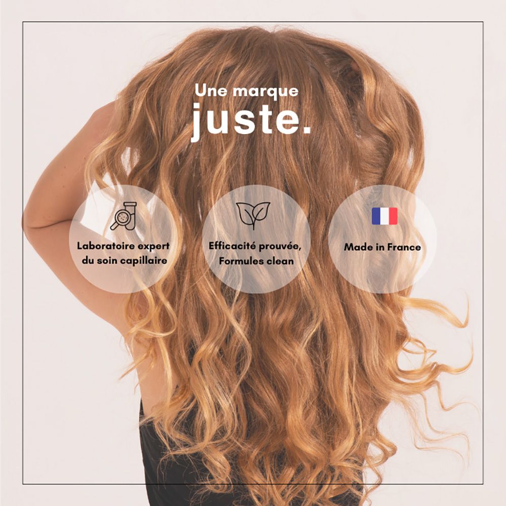 Vista posteriore di una donna con capelli mossi. Testo: Un marchio Juste. Laboratorio, Efficacia, Made in France.