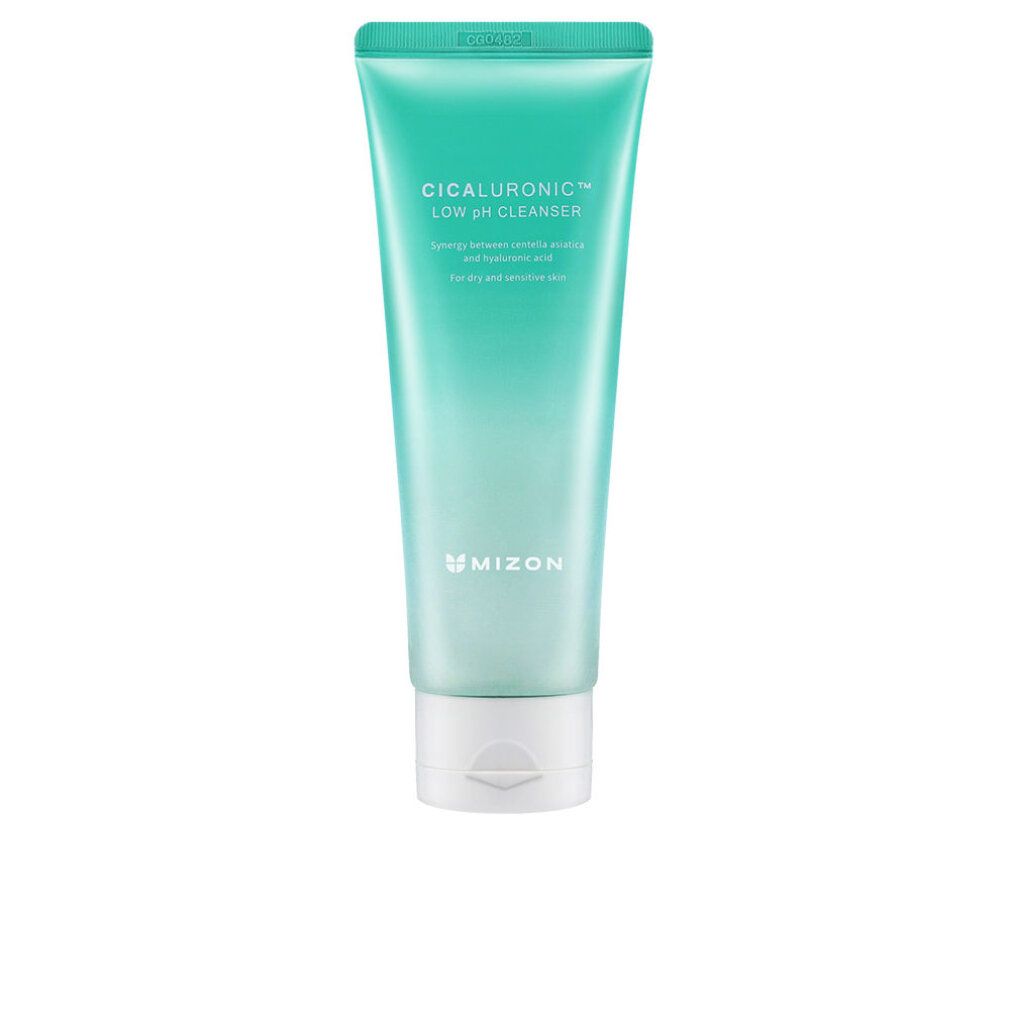 Tubo verde con tappo bianco. Scritta: Cicaluronic Low pH Cleanser. Marchio Mizon. Per pelli sensibili.