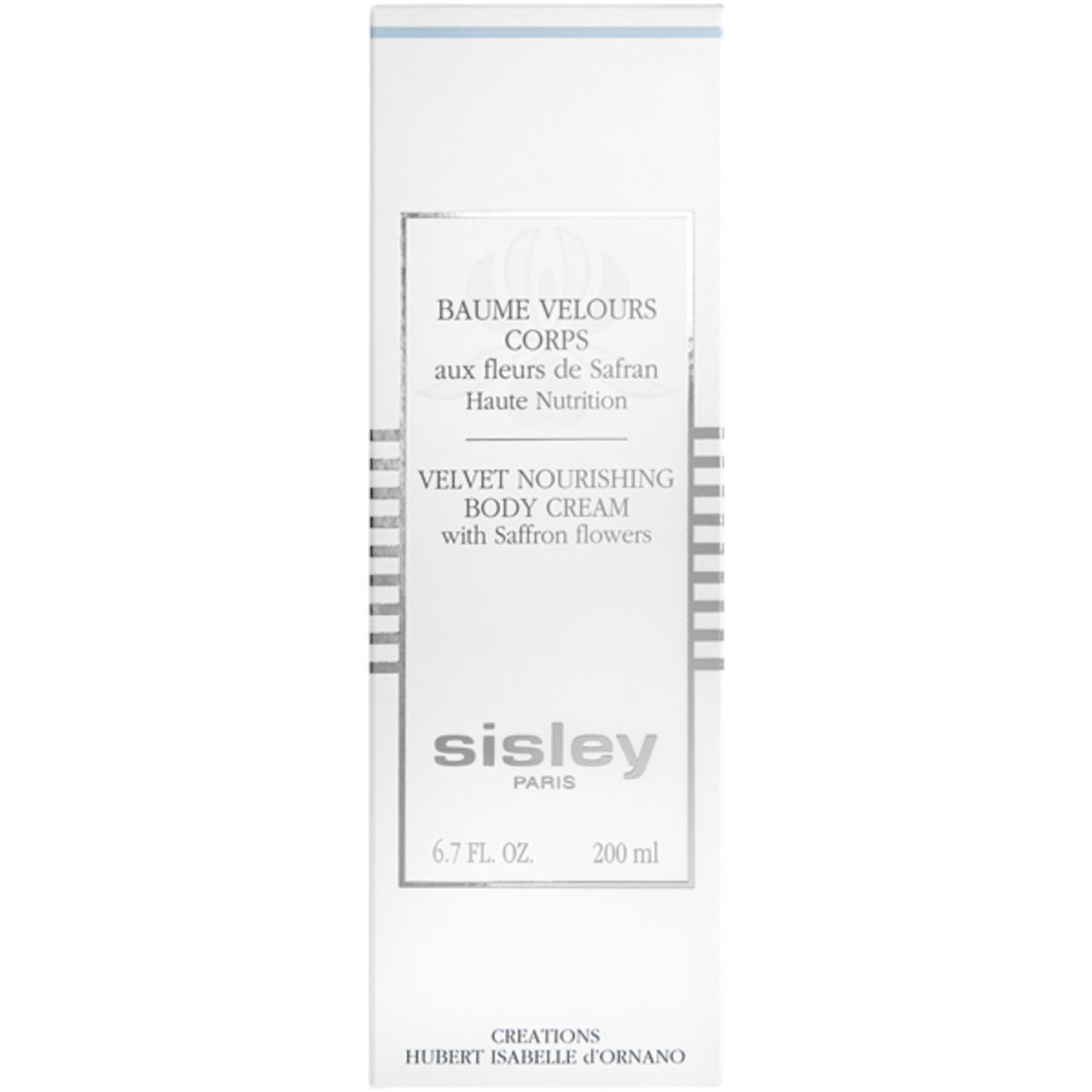 Confezione bianca con nome del prodotto: Baume Velours Corps, testo in francese e inglese. Marchio: Sisley Paris. Contenuto: 200 ml.