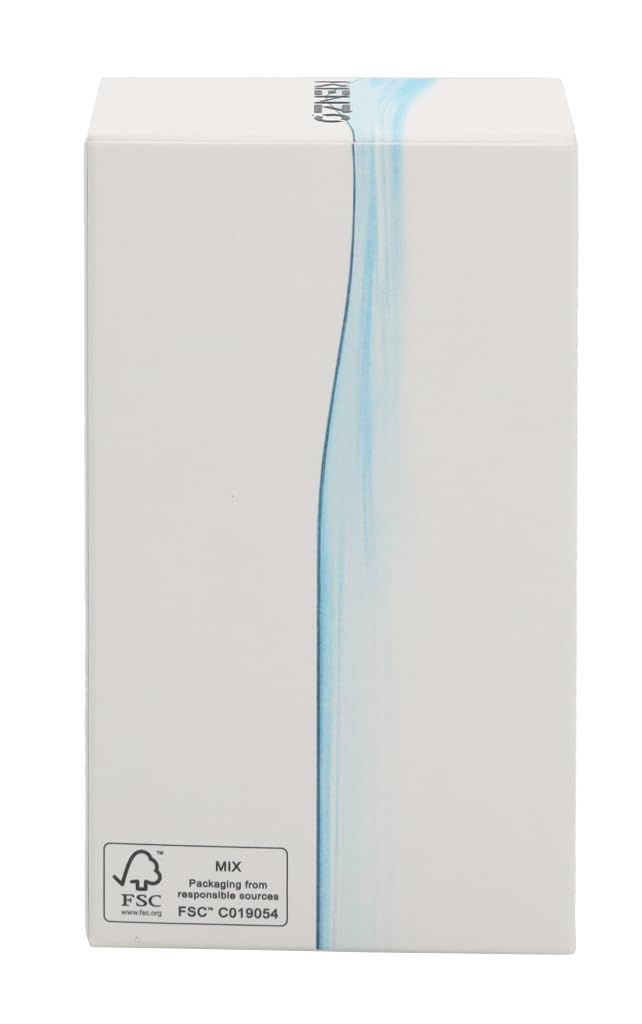 Confezione bianca di L'Eau Kenzo Pour Femme. Logo FSC e design blu. Testo: L'EAU KENZO POUR FEMME.