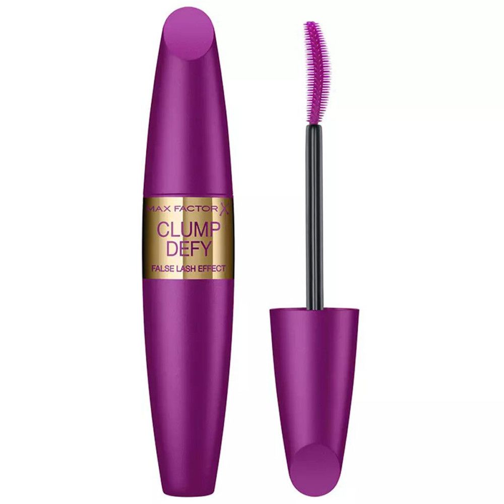 Tubo e spazzola per mascara viola. Scritta: Max Factor Clump Defy False Lash Effect.