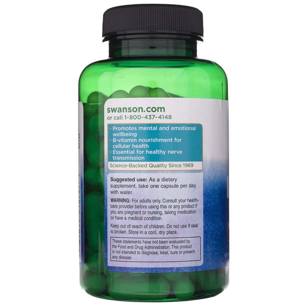 Flacone verde con capsule di vitamina B. Include indicazioni d'uso e avvertenze.