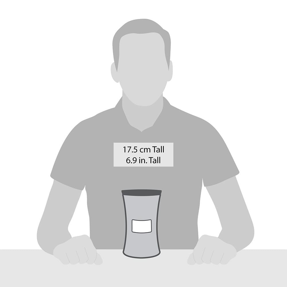 Rappresentazione schematica di una candela. Dimensioni: 17,5 cm di altezza, 6,9 pollici di altezza. Persona per confronto.