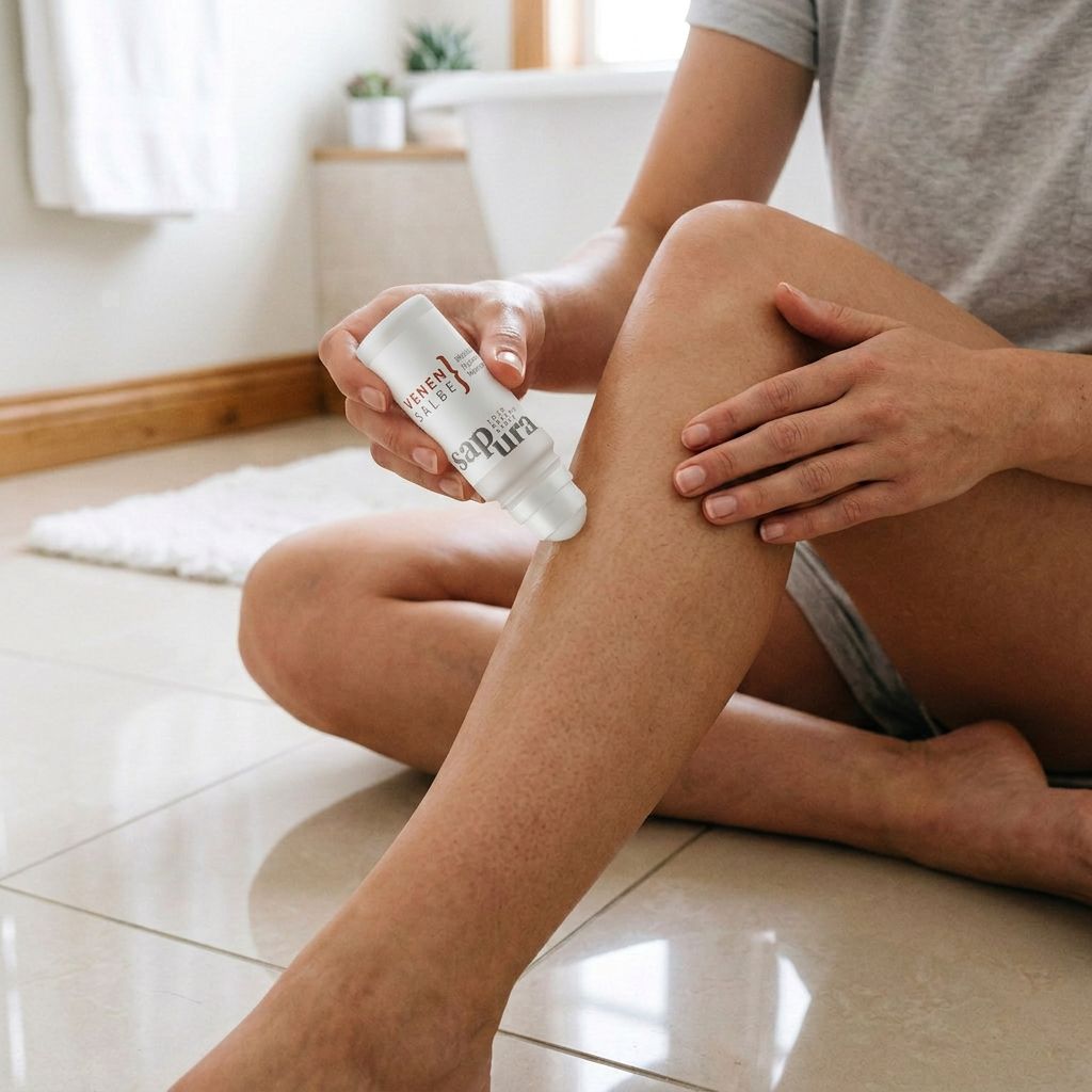 Persona che applica il roll-on Venensalbe sulla gamba.