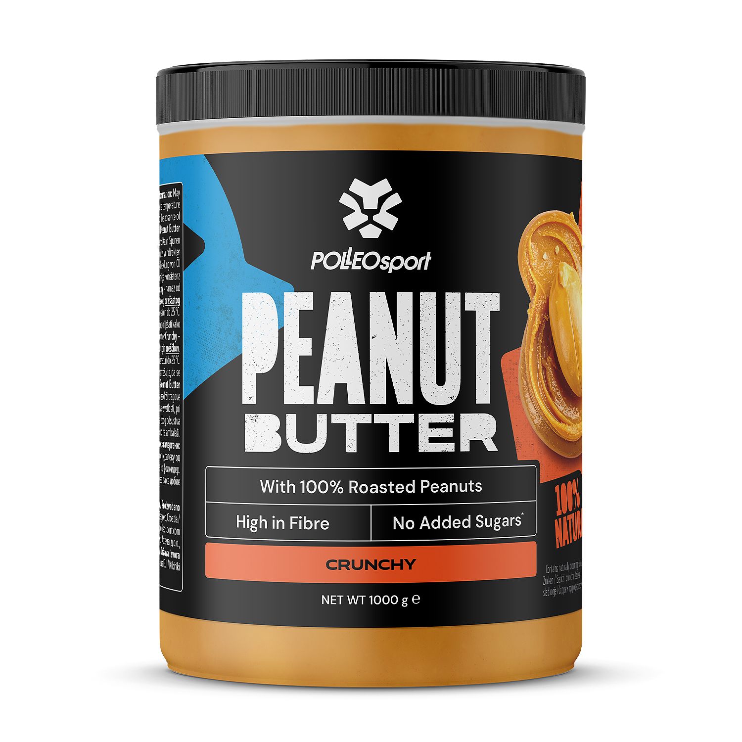 Barattolo di burro di arachidi. Scritta: Polleo Sport, Peanut Butter, Crunchy, With 100% Roasted Peanuts, No Added Sugars, High in Fibre, 100% Natural.