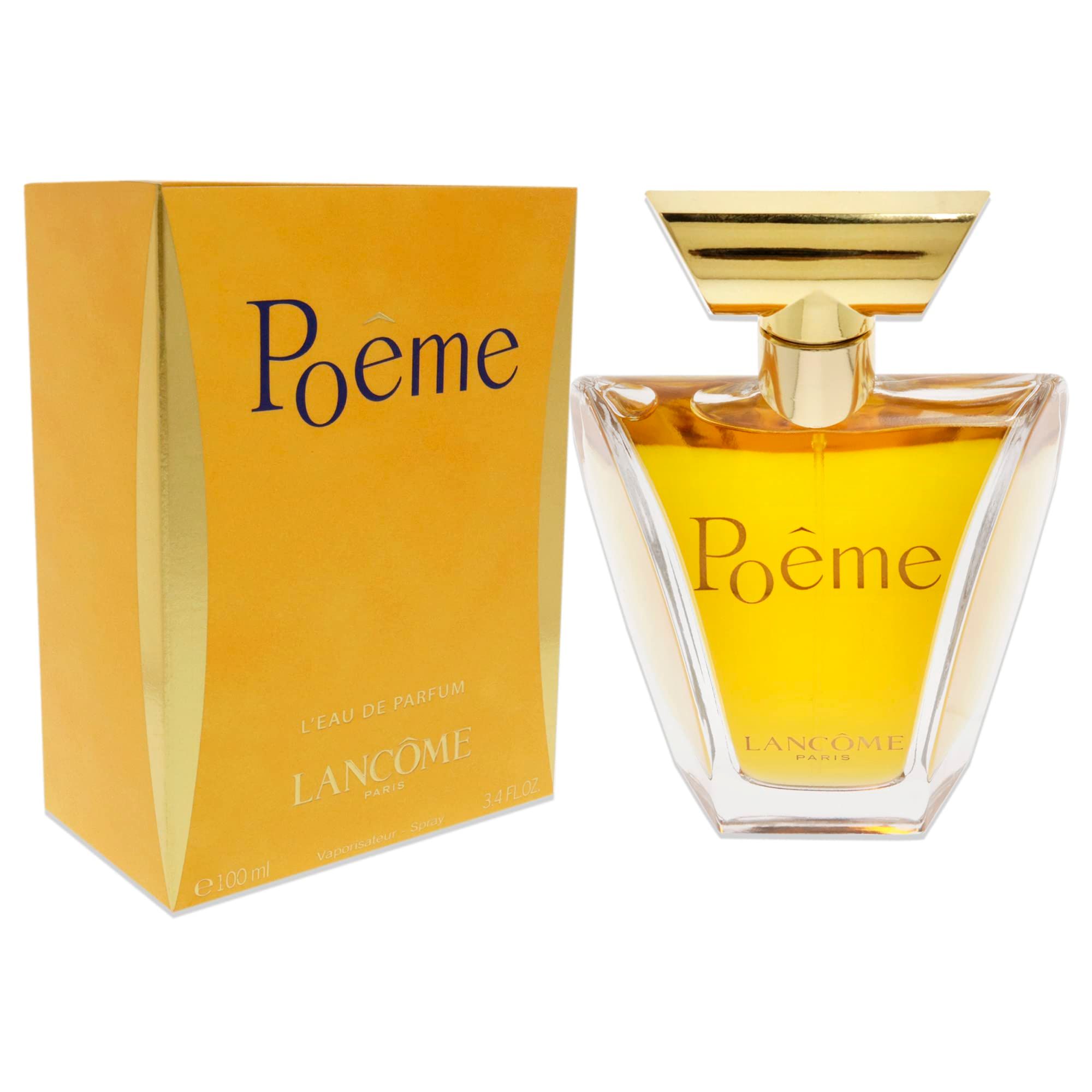 Flacone di profumo e scatola. Scritta "Poême" e "Lancôme". Confezione dorata.