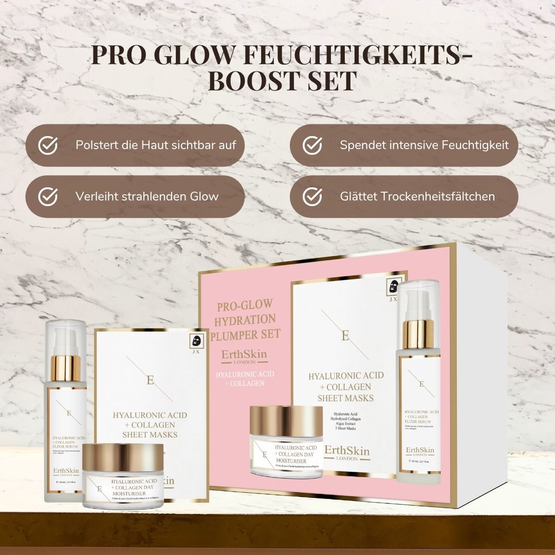 Set ErthSkin London PRO GLÖH HYDRATION PLUMPER. Confezione rosa e bianca. Testo: PRO GLOW FEUCHTIGKEITS-BOOST SET.