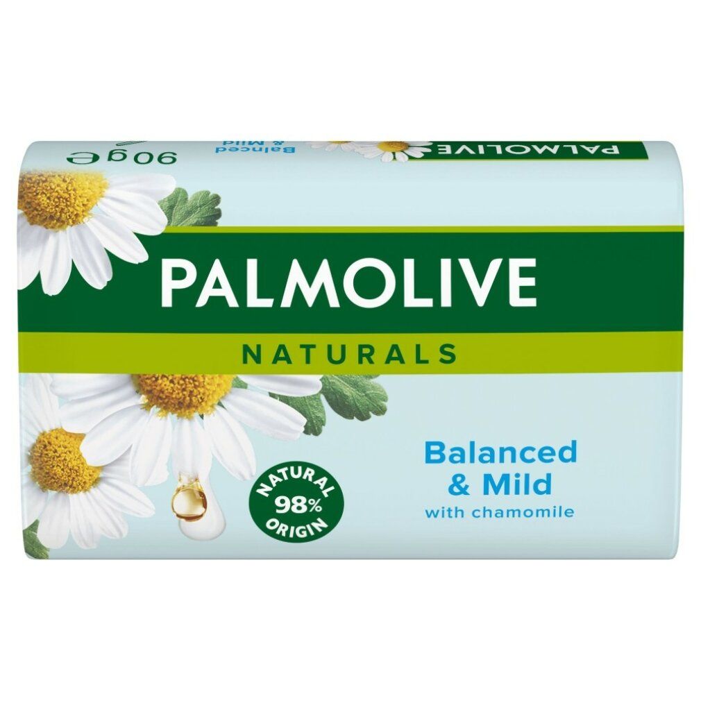 Sapone Palmolive con camomilla. Scritta Balanced & Mild. Confezione con 98% Natural Origin.