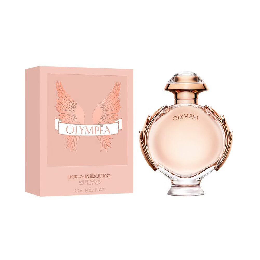 Flacone e confezione Olympéa. Flacone rosa con decorazioni dorate. Confezione rosa con logo ali e scritta Olympéa.