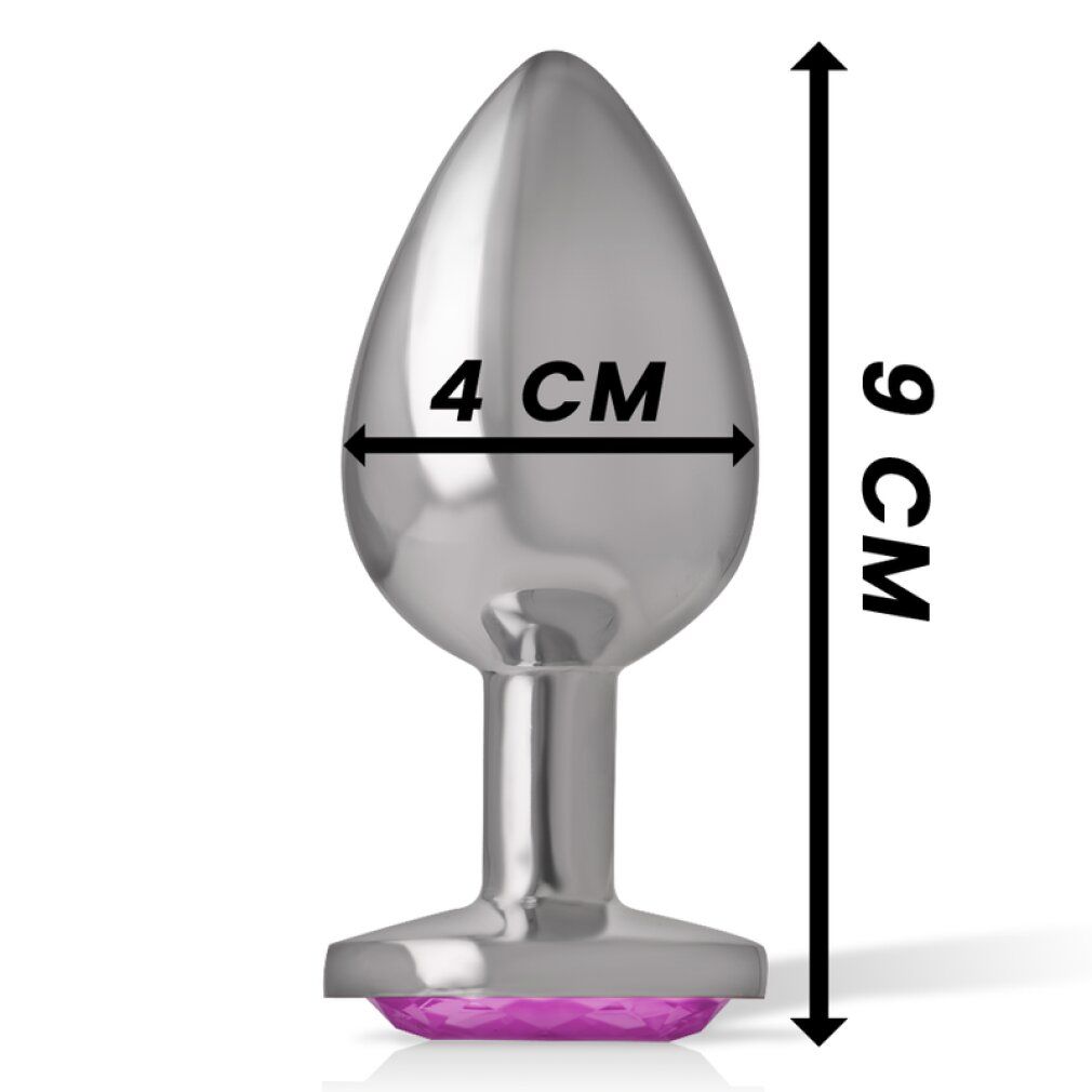 Plug anale in metallo. Dimensioni: 9 cm lungo, 4 cm largo. Pietra rosa alla base.