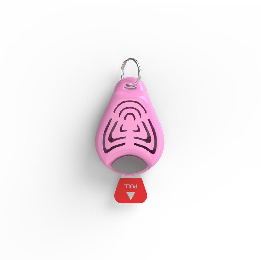 Ciondolo rosa Tickless Pet con cordino rosso. Anello metallico per il fissaggio. A forma di goccia con design.