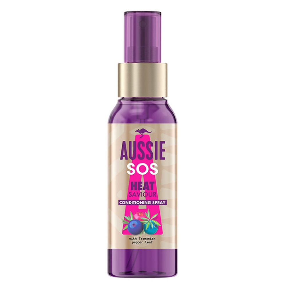 Flacone spray viola con collo dorato e pompa. Etichetta con 'Aussie SOS Heat Saviour Conditioning Spray'.