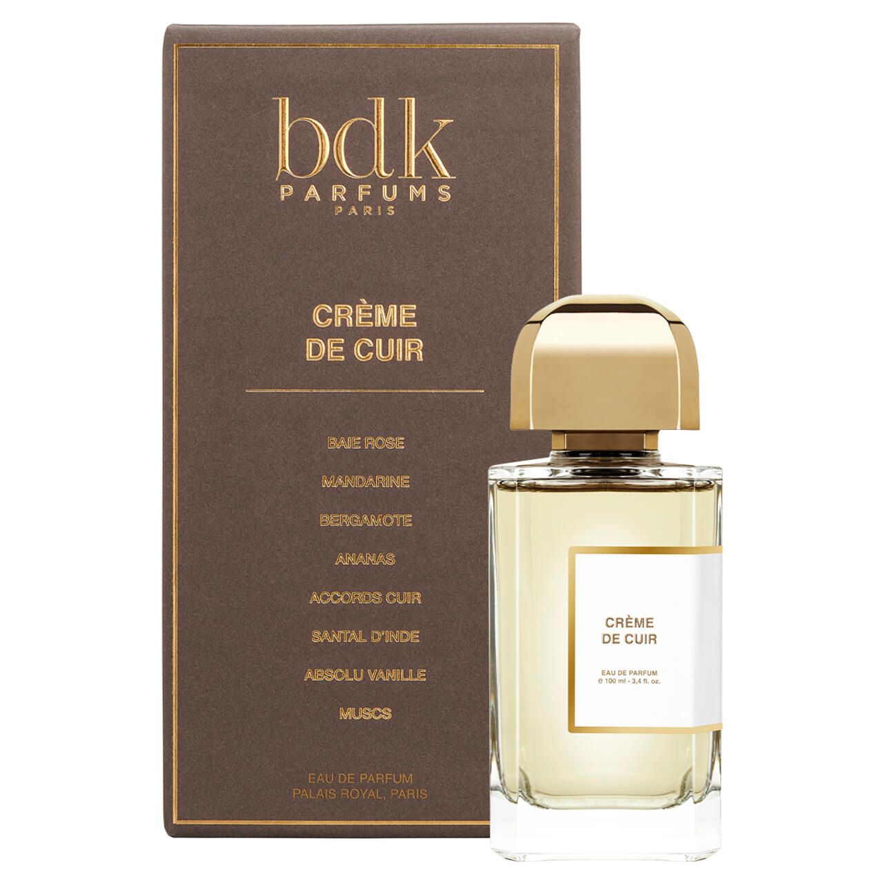 Flacone e confezione BDK Parfums. Flacone con tappo dorato. Confezione marrone con nome del prodotto e ingredienti.