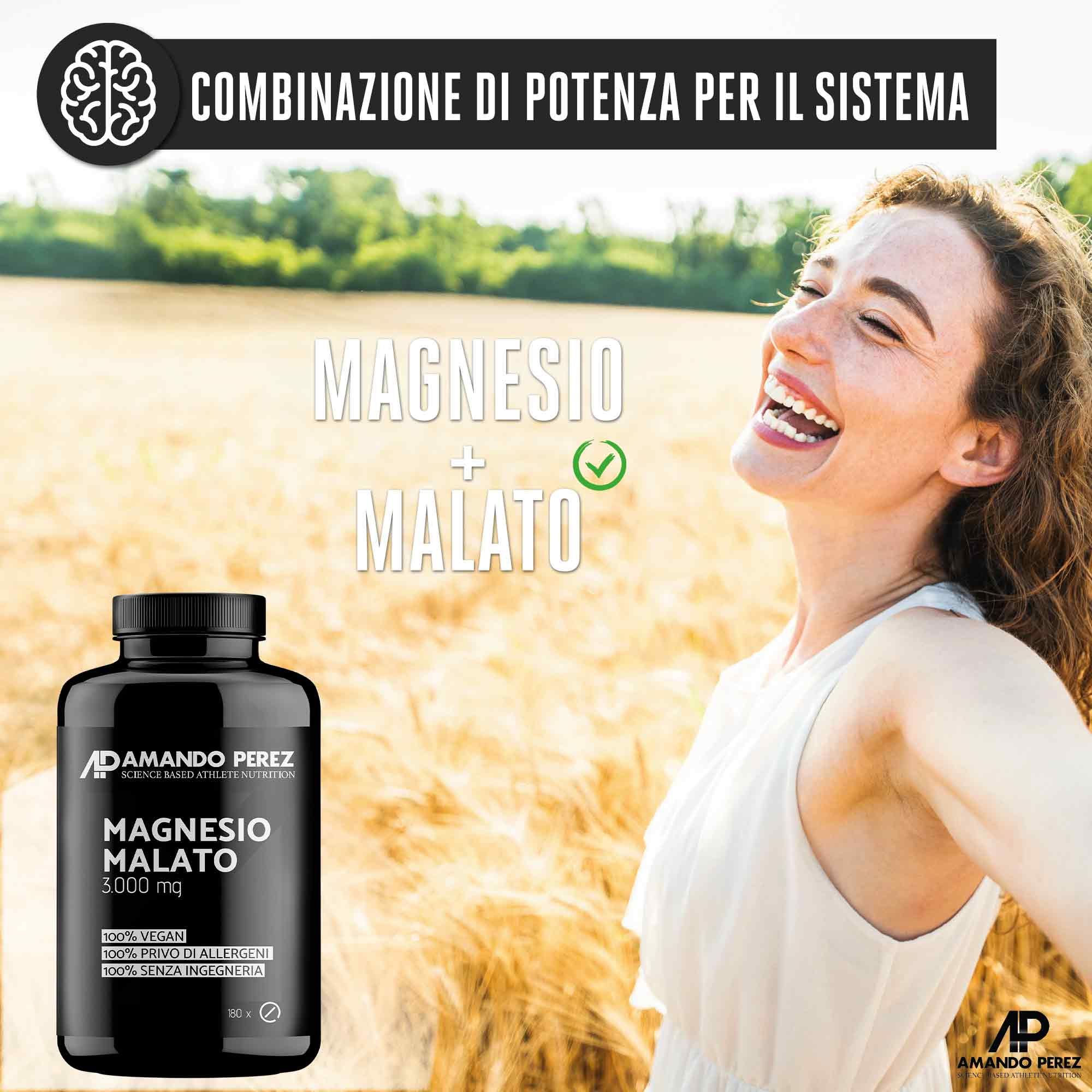 Flacone nero di Magnesio Malato 3000 mg. Vegano, senza allergeni.