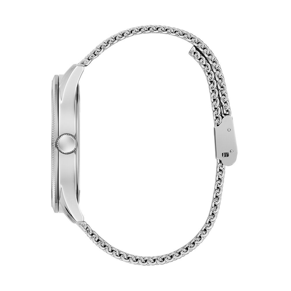 Orologio argentato con cinturino in metallo. L'orologio ha una cassa rotonda e una corona.