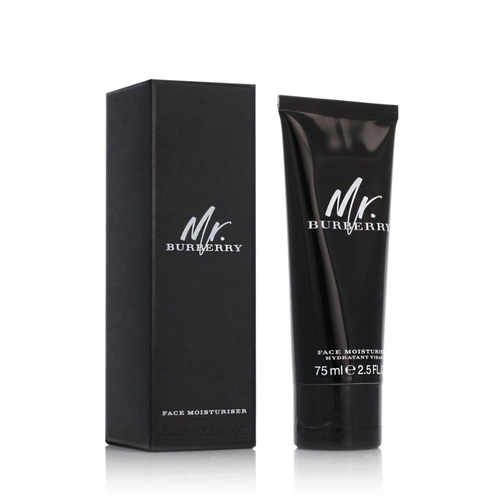 Tubo e confezione neri con logo "Mr. BURBERRY". "FACE MOISTURISER" e indicazione del volume sul tubo.